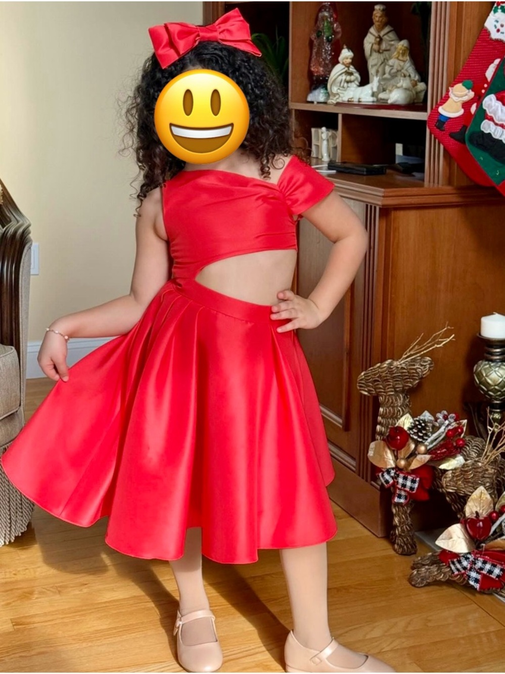 Red Satin Girl's Cutout Party Dress with Bow